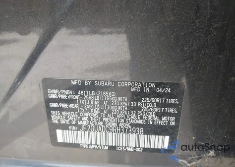 2024 Subaru Crosstrek Premium z USA, uszkodzony, nr VIN JF2GUADC9RH373938